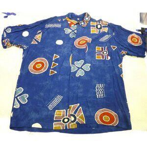 VTG Java Lava Blue Short Sleeve Button-Up Shirt Abstract Print 100% Rayon Mens L